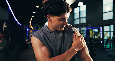 Buy stock photo Shoulder pain, injury and man in gym, fitness and training with inflammation, burnout and hurt. Person, bodybuilder or athlete in wellness center, muscle tension or bad posture  with fibromyalgia