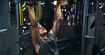 Fitness, man and pull up exercise at gym for shoulder strength, muscle mass and bodybuilding performance. Bodybuilder, athlete and power training at sports club for biceps development and wellness