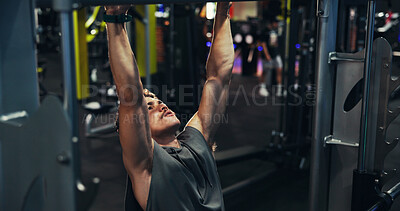 Buy stock photo Fitness, man and pull up exercise at gym for shoulder strength, muscle mass and bodybuilding performance. Bodybuilder, athlete and power training at sports club for biceps development and wellness