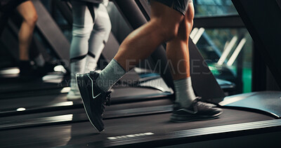 Buy stock photo Runner, feet and fitness with person on treadmill for speed challenge, workout and training. Gym membership, cardio and wellness with closeup of shoes of people on running machine for endurance