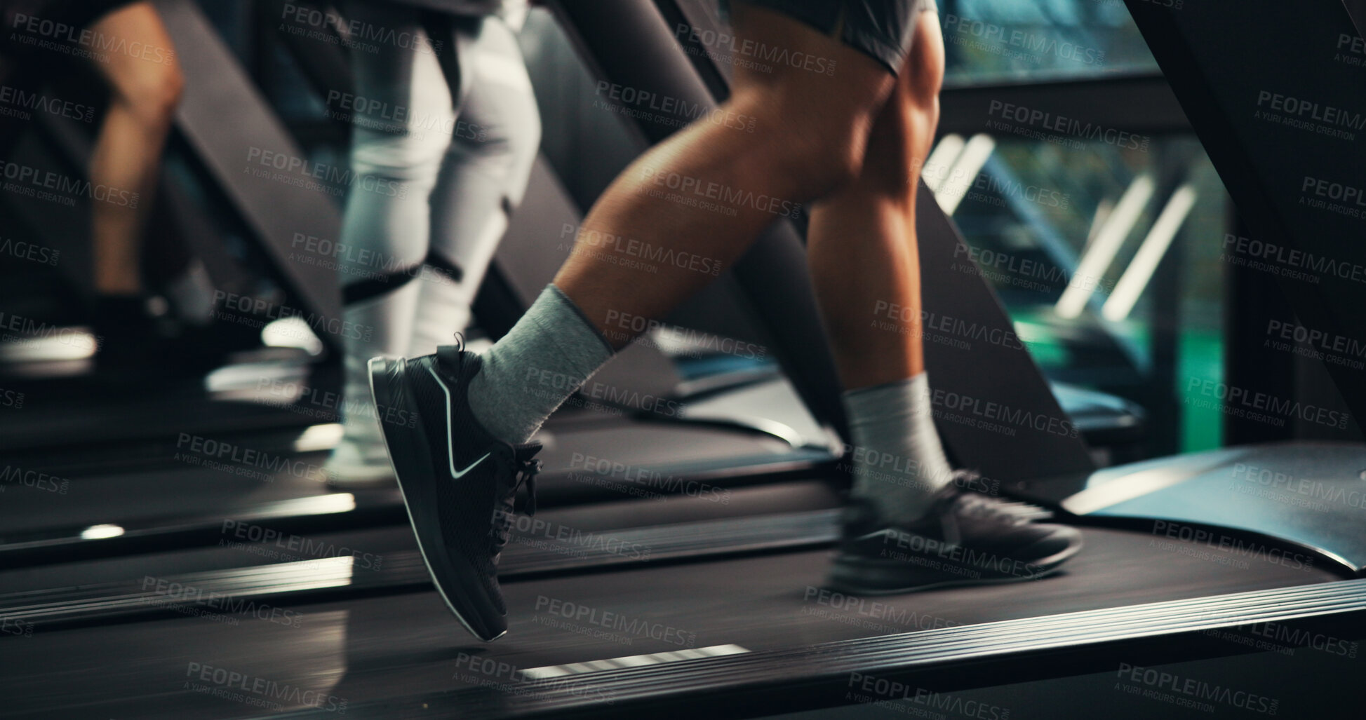 Buy stock photo Runner, feet and fitness with person on treadmill for speed challenge, workout and training. Gym membership, cardio and wellness with closeup of shoes of people on running machine for endurance