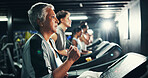 Runner, gym and fitness with woman on treadmill for speed challenge, workout and training. Performance, cardio exercise and wellness with mature person on running machine for endurance and health