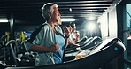 Runner, earphones and music with woman on treadmill for workout playlist, training club and health. Gym membership, exercise and fitness podcast with mature person on running machine for radio