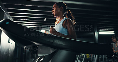 Buy stock photo Runner, gym and health with woman on treadmill for training, exercise and cardio performance. Wellness, fitness and workout challenge with person on running machine for sports, athlete and low angle