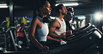 Runner, gym and tired with woman on treadmill for training, breathing and cardio performance. Wellness, fitness and workout challenge with person on running machine for sports, athlete and fatigue