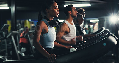 Buy stock photo Runner, gym and tired with woman on treadmill for training, breathing and cardio performance. Wellness, fitness and workout challenge with person on running machine for sports, athlete and fatigue