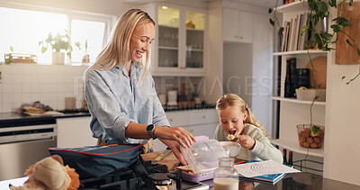 Buy stock photo Mother, kid and eating breakfast for school, nutrition and pack lunch box with sandwich. Parent, student and girl with food in kitchen for healthy diet, cereal and get ready with happy family in home