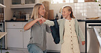 Kitchen, mother and child with backpack for school, help and bonding together with morning routine. Home, parenthood and mom with girl ready for leaving, education and learning on first day in house