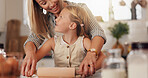 Baking, mom and child with roller in kitchen, learn and helping woman with dough or culinary skills. Cooking, mother and daughter with flour for meal prep, growth and development of kid in house