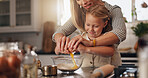 Baking, mom and child with ingredients, mixing or teaching culinary skills to daughter or meal prep. Happy, woman and recipe with kid, growth and development for girl in kitchen, dessert and home