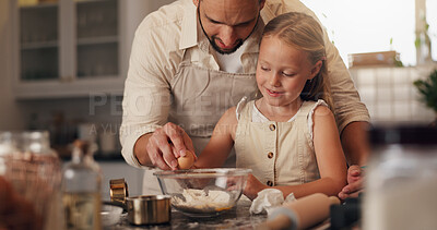 Buy stock photo Teaching, child and man with eggs for baking, talking and helping daughter with ingredients in home. Happy, girl and learning recipe for dessert, growth and development of kid in house and meal prep