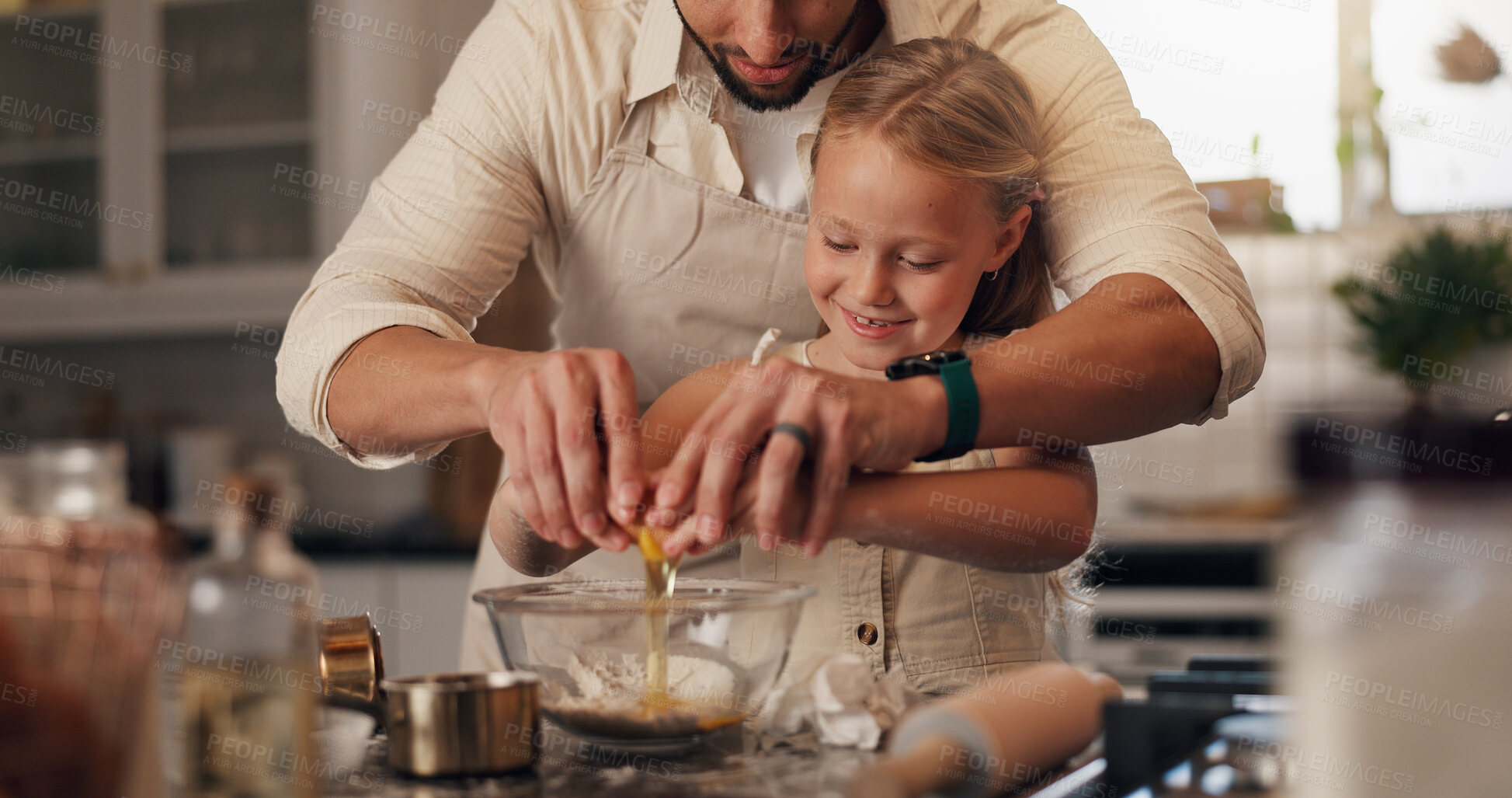Buy stock photo Teaching, child and man with ingredients, baking and helping for dessert and meal prep in apartment. Cooking, father and daughter with flour for culinary skills, growth and development of kid in home