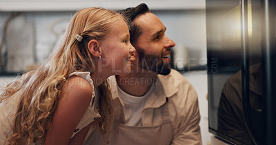 Buy stock photo Kitchen, father and child by stove for baking, learning and bonding together with happy expression. Home, parenthood or dad with excited girl for cooking, teaching or family waiting for oven in house