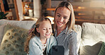 Mom, girl and hug with selfie on couch, memory and happy with care, love and bonding in family home. People, mother and daughter with photography, profile picture or embrace for social media at house