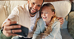 Father, girl and hug with selfie on sofa, above or happy with care, love and bonding in family home. Dad, child and people with photography, profile picture and embrace for memory in lounge at house