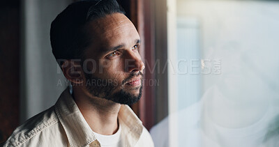 Buy stock photo Thinking, morning and sad with man at window of living room for reflection, mental health and anxiety. Worry, memory and future with male person at home for vision, grief crisis and depression
