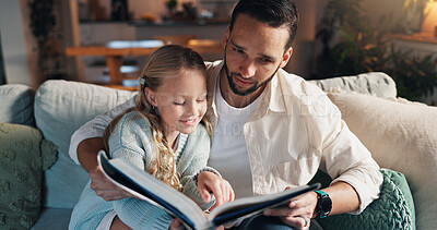 Buy stock photo Father, girl and reading book on couch, learning and support with development, love and bonding in lounge. People, dad and child with literature, education and help with smile on sofa at family house