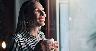 Buy stock photo Thinking, coffee and relax with woman at window of living room for reflection, idea and smile. Happiness, memory and future with female person and drink at home for vision, peace and inspiration