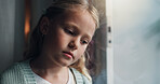 Anxiety, thinking and window with child in home for mental health, adoption crisis or stress. Mistake, foster care trauma and abandon fear with girl at house for sad, reflection and depression