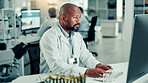 Science, lab and man on computer with plant sample for medical research, vaccine report and medicine. Healthcare, pharmaceutical and scientist on pc for study, medicinal analysis and digital results