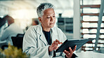 Science, lab and woman on tablet with plant sample for medical research, vaccine report and medicine. Healthcare, pharmaceutical and scientist on tech for study, medicinal analysis or digital results