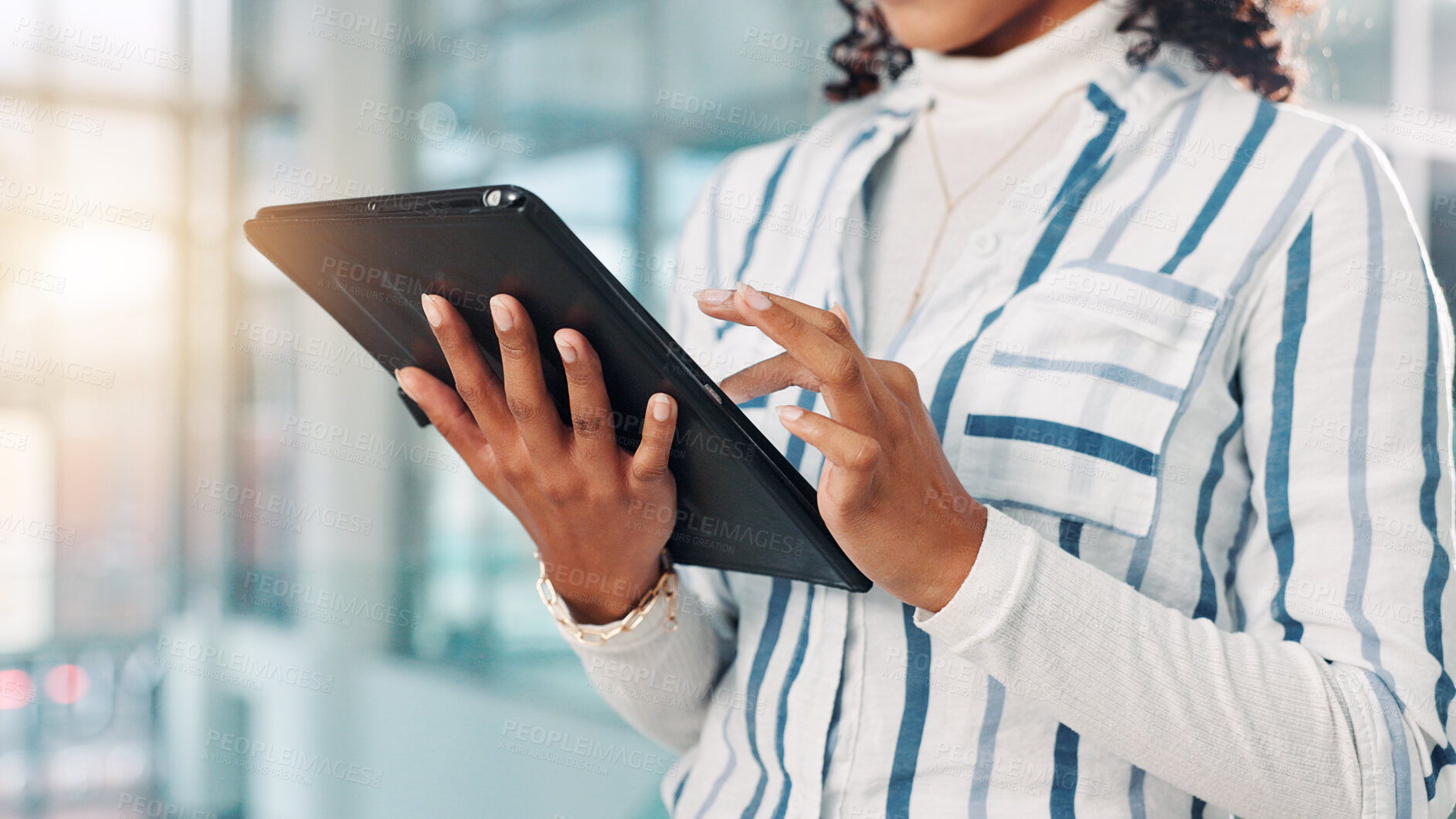 Buy stock photo Hands, woman and typing on tablet in office for research, financial report and schedule update. Accountant, reading and digital for finance agenda, information and budget review for investment email