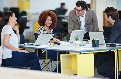 Buy stock photo Brainstorming, business and teamwork in office for career start up company, meeting and seminar. Men, women and collaboration at desk with computer for web design, planning and discuss development.