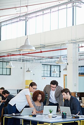 Buy stock photo Teamwork, technology and diversity at office for discussion with agency, collaboration and app design. Global people, laptop and ux in workplace for creative startup, brainstorming and website 