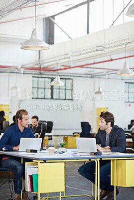 Buy stock photo Men, business and workers with laptop for teamwork, partnership or collaboration for digital search in company. Office, workspace and startup with technology, creative and online website design