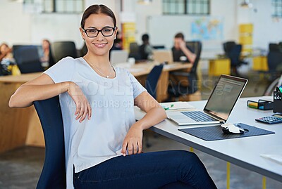 Buy stock photo Portrait, woman and designer in office with laptop for vision with planning, solutions and ideas for a creative startup business. Female person, computer and designing logo on website for company
