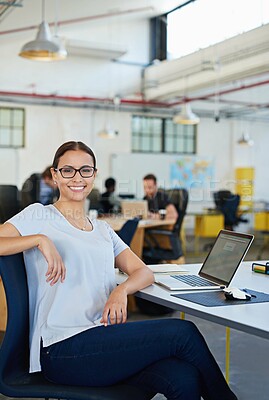 Buy stock photo Woman, laptop and portrait in office for company career, online planning and creative research project for web. Female professional designer, smile and tech for email internet in coworking space