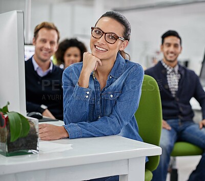 Buy stock photo Woman, portrait and confident in creative office, employee and company leader in business. Female person, manager and coworking space for team, positive and proud of marketing agency and planning