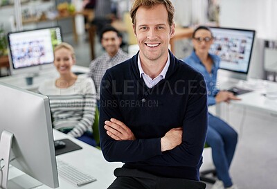 Buy stock photo Cropped portrait of a smiling businessman with his colleagues in the background