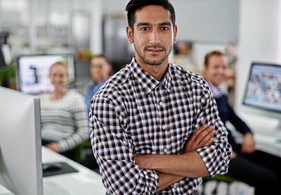 Coworking, office and portrait of creative businessman with team in cooperation on project. Confident, manager and leader of collaboration with team in editing, article or planning magazine media