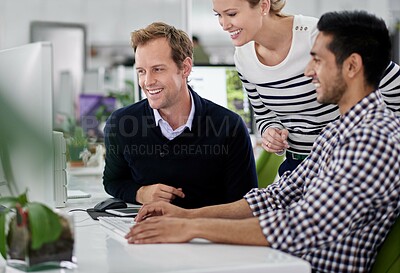 Buy stock photo Group, discussion and business people in office for creative research on tablet in collaboration. Technology, computer and copywriting team working on public relations project together in workplace.