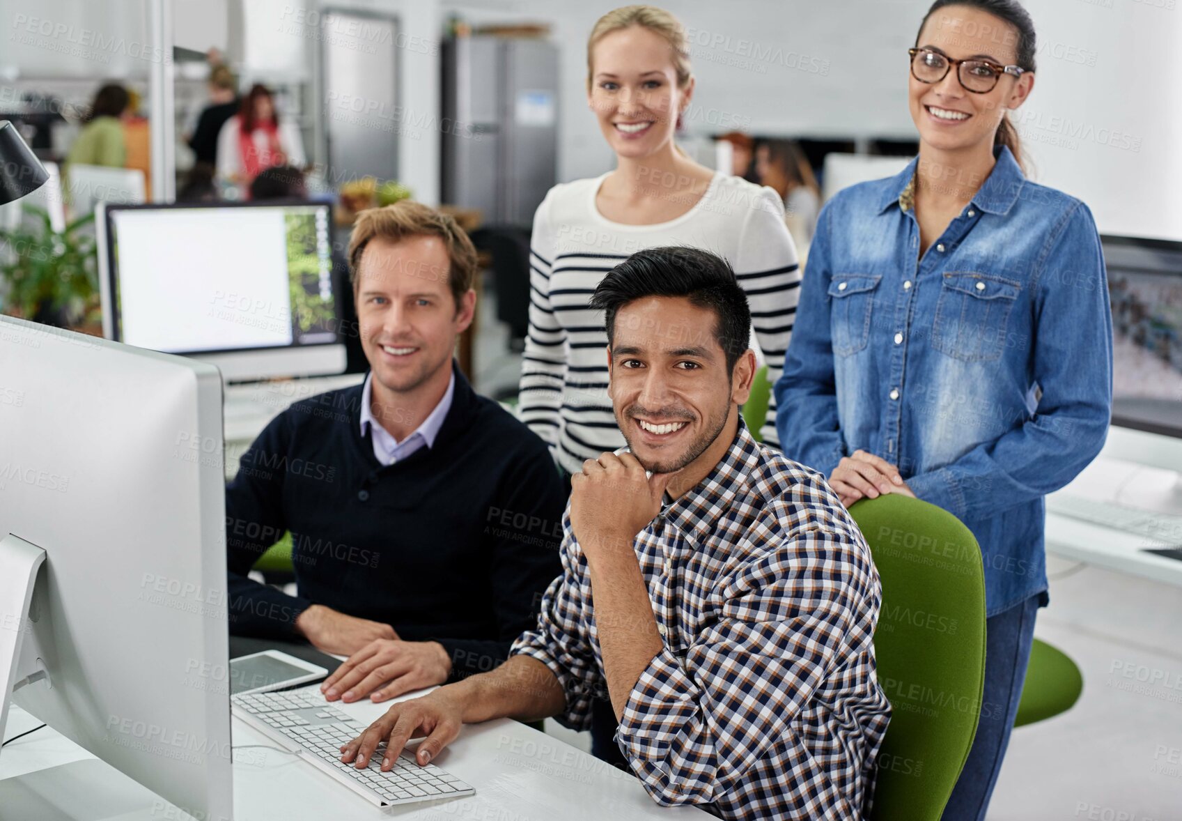 Buy stock photo Coworking, office and portrait of creative teamwork in cooperation on project with help. Group, collaboration and employees at desk editing news, article or planning magazine media with research