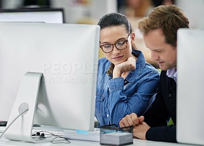 Buy stock photo Business people, computer and teamwork with paper at desk for administration, policy review and planning. Man, woman and brainstorming by monitor in office for problem solving, solution and advice