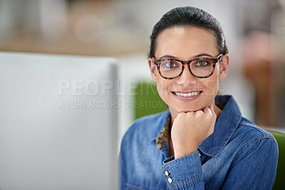 Buy stock photo Woman, smile and portrait with computer in office with pride for career at startup media company. Person, writer or editor with pc, happy and confident with research, story or news at creative agency