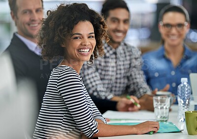 Buy stock photo Happy, meeting and business people in office for creative research planning in collaboration. Discussion, portrait and copywriting team working on public relations project together in workplace.