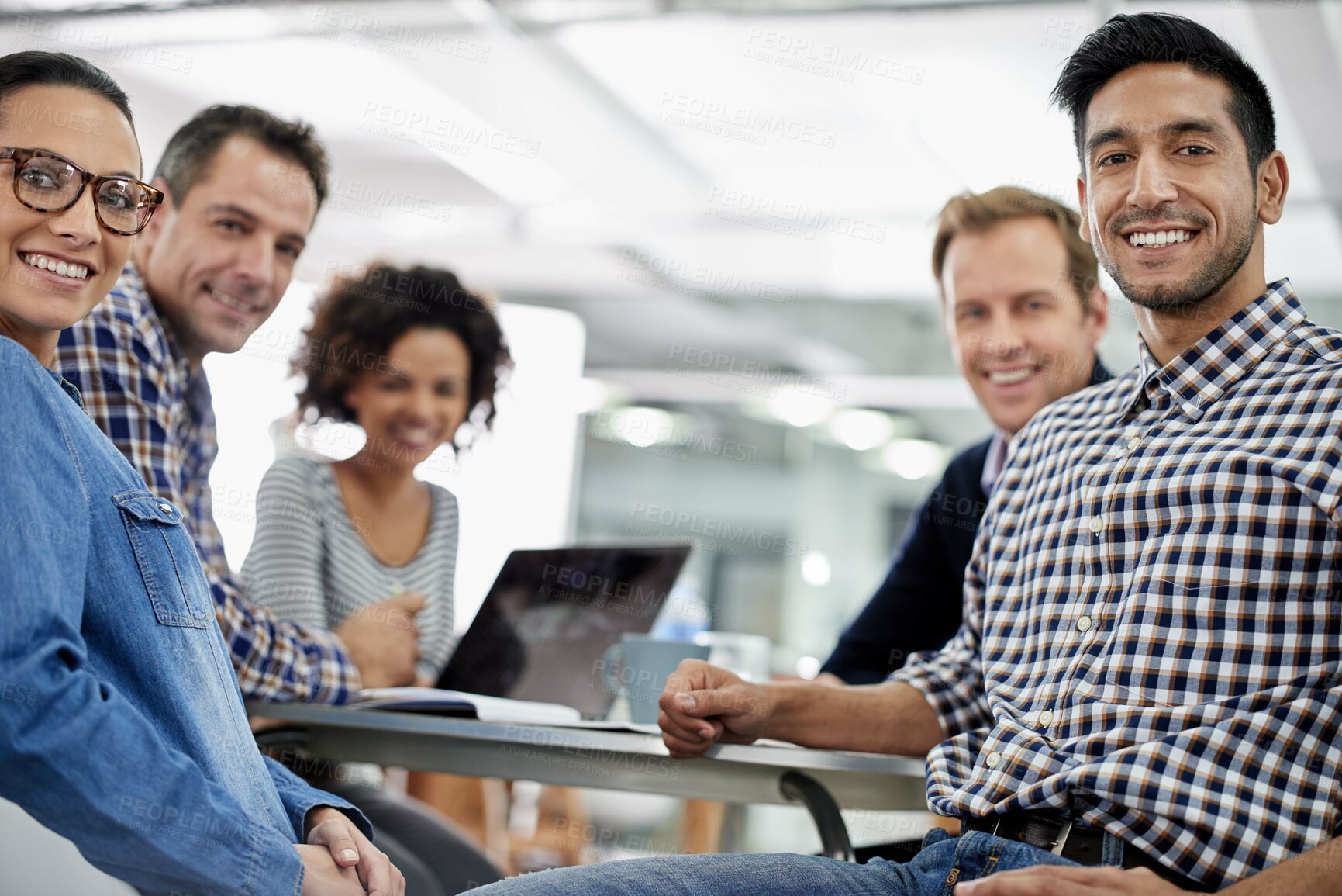 Buy stock photo Team, meeting and portrait of creative coworking with cooperation on project with research. Group, planning and employees at desk editing news, article or writing magazine media with online info