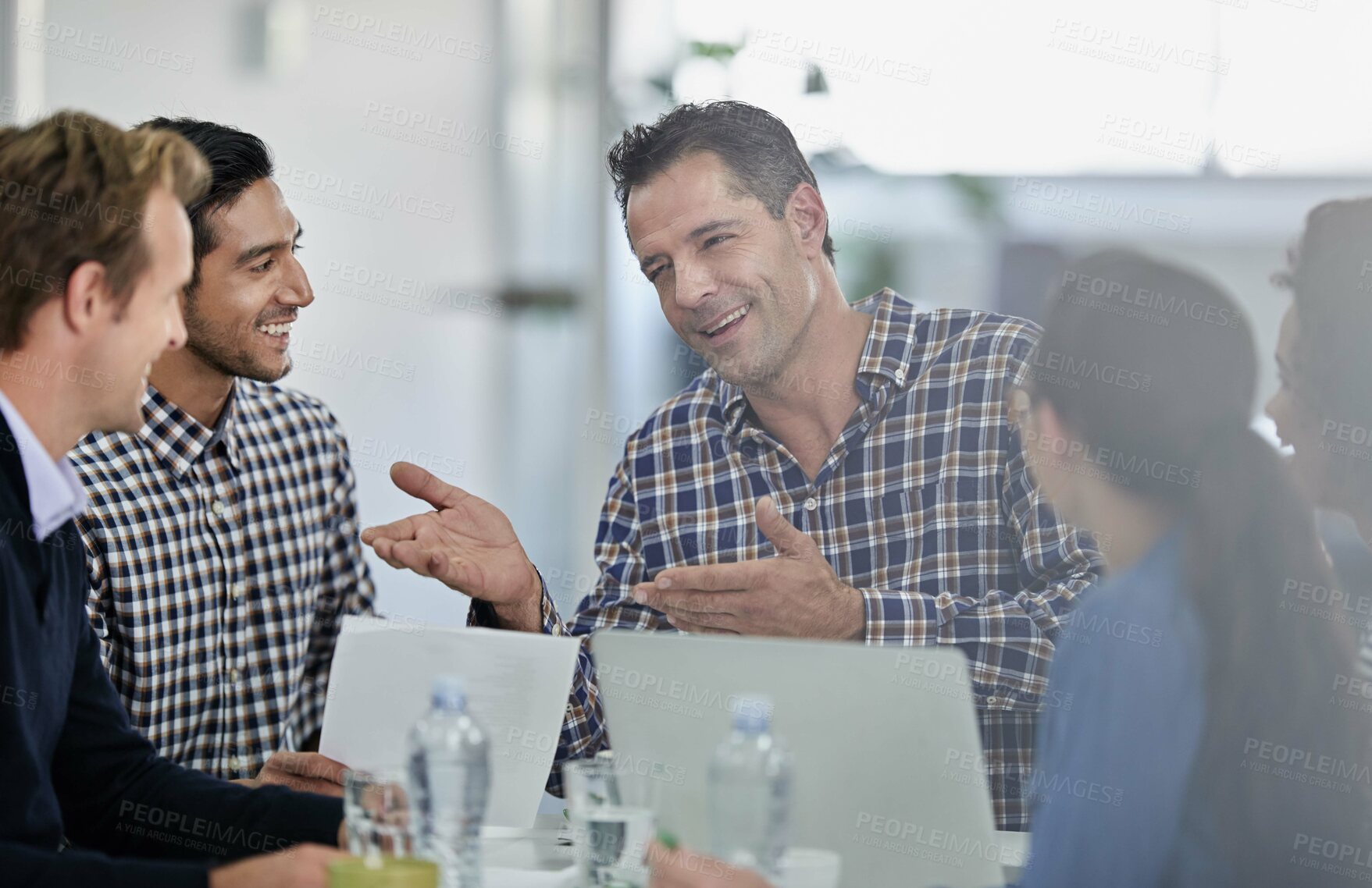 Buy stock photo Technology, discussion and business people in office for creative research planning in collaboration. Meeting, laptop and copywriting team working on public relations project together in workplace.