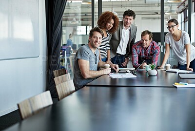 Buy stock photo Portrait, business people and meeting in boardroom for teamwork, collaboration or planning project. Consultant agency, diversity and group of employees in office for support, synergy or professional