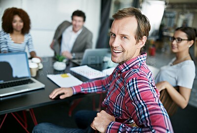 Buy stock photo Man, office and portrait with team at desk for talent meeting with strategy for recruitment with smile. Partnership, working and laptop with plan for promotion with workforce in Sweden with pride