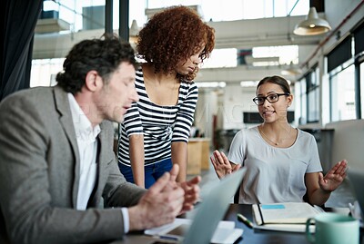 Buy stock photo Group, business and people in office for meeting with manager as graphic designers for customer feedback. Woman, man and teamwork for creative company with support or documents for project proposal