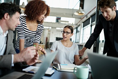 Buy stock photo Team, business and people in office for meeting as graphic designers for planning or ideas for project growth. Woman, staff and teamwork at creative company with documents by talking for feedback 