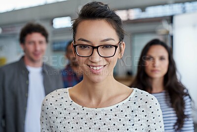 Buy stock photo Business, woman and coworking and intern portrait, smile and happy for creative agency for career in workplace with colleagues. Employees, pride and professional journalist, confident with staff