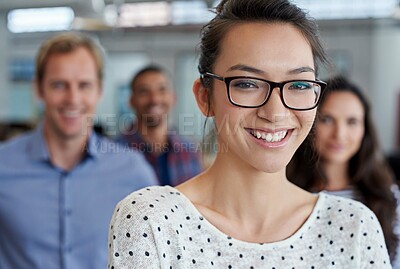Buy stock photo Woman, employee and smile in office on portrait for career or job growth and opportunity as web designer. Female person, people and happy or proud with teamwork and collaboration in digital agency