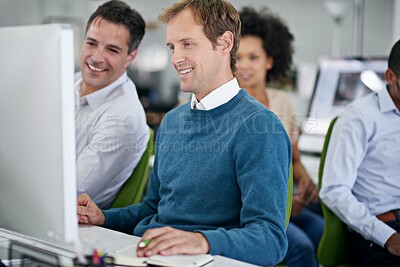 Buy stock photo Business people, computer and creative teamwork at desk for project planning, brainstorming or graphic design. Men, women and startup support in office with smile for review, brief or partnership