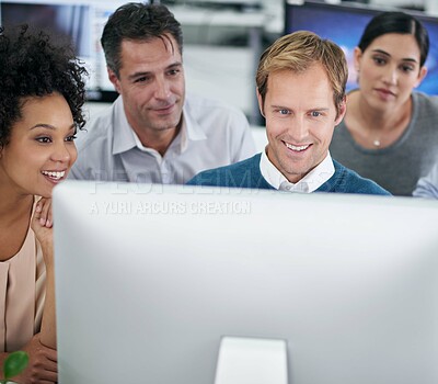 Buy stock photo Business people, computer and teamwork with planning, conversation and brainstorming for project. Group, employees and professional with pc, schedule and email with approval, meeting and cooperation