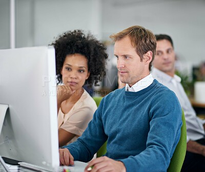 Buy stock photo Team, business people and computer for planning, discussion or brainstorming startup ideas. Collaboration, creative or diverse staff on pc for strategy, cooperation or serious web developer research